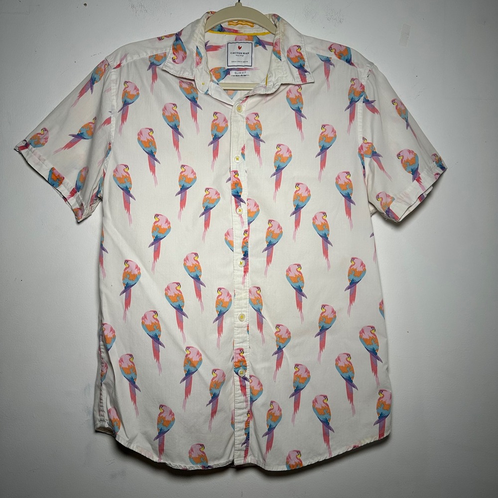 Cactus Man Ricky Singh Mens Medium Slim Fit Short Sleeve Parrot Print Shirt